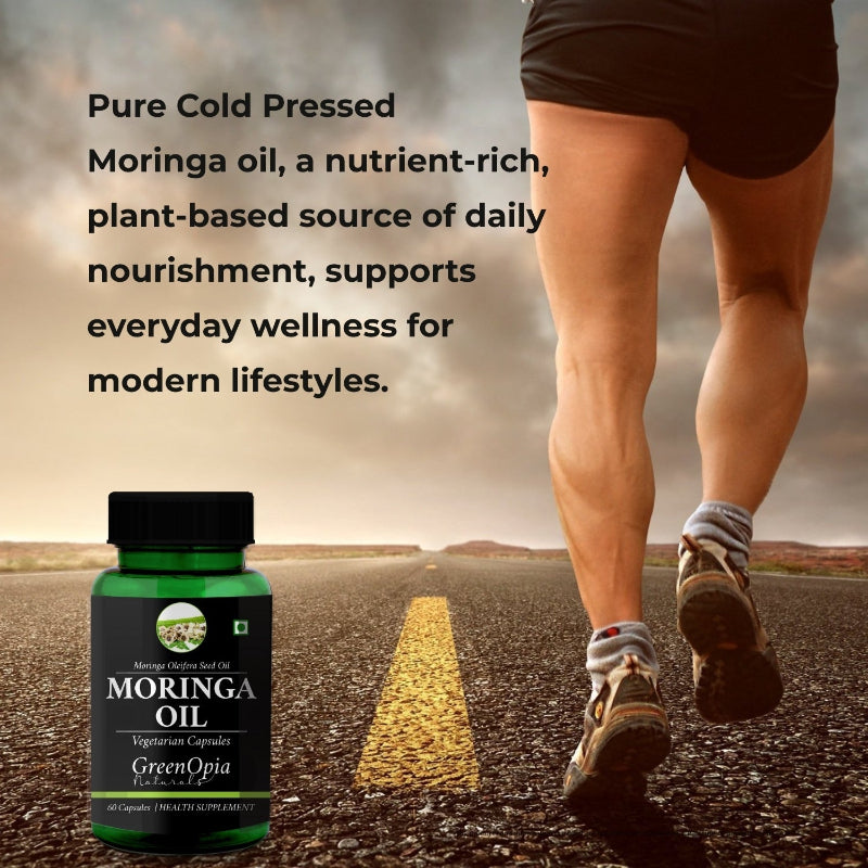 GreenOpia moringa seed oil supplement packaging showing skin, hair and antioxidant support benefits