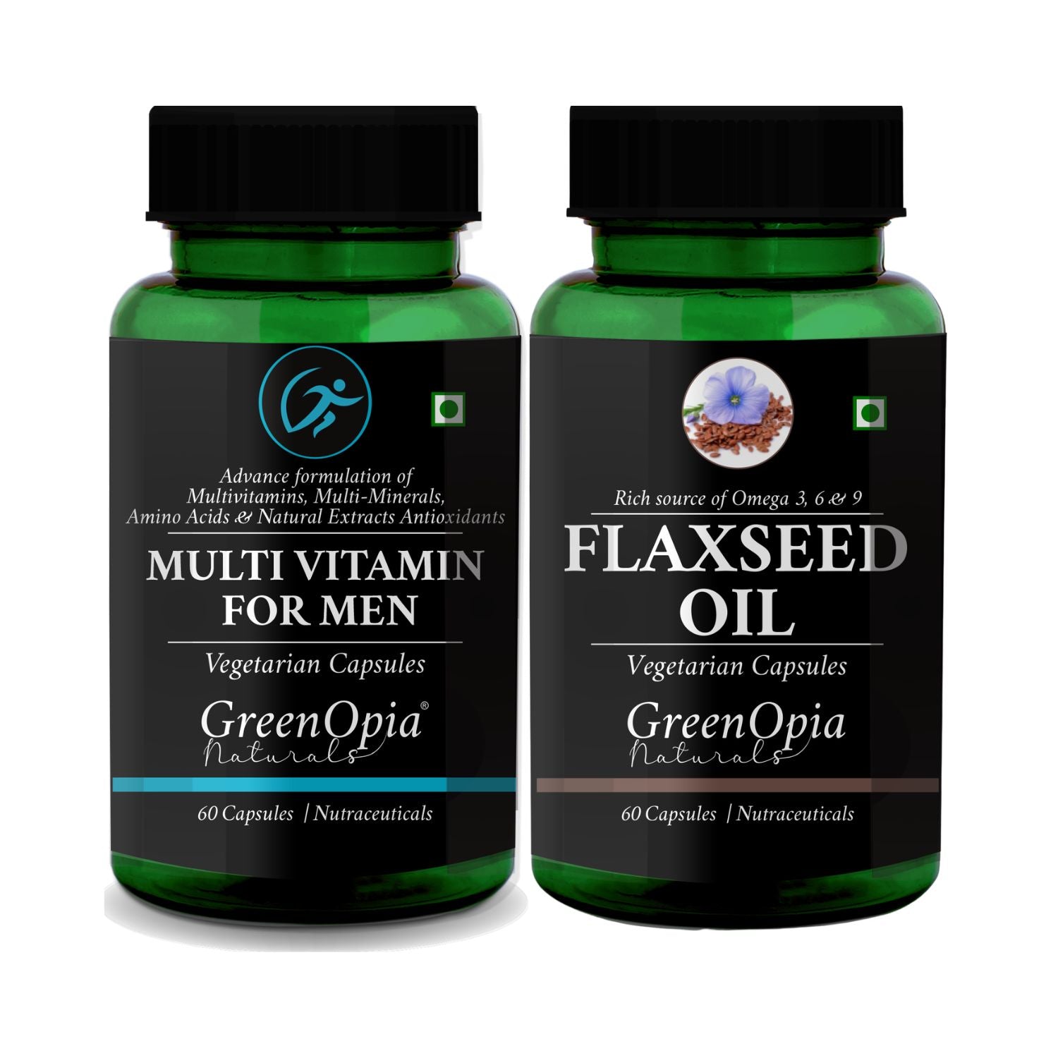 GreenOpia multivitamin for men and flaxseed oil vegetarian capsules combo with omega-3, 6 and 9