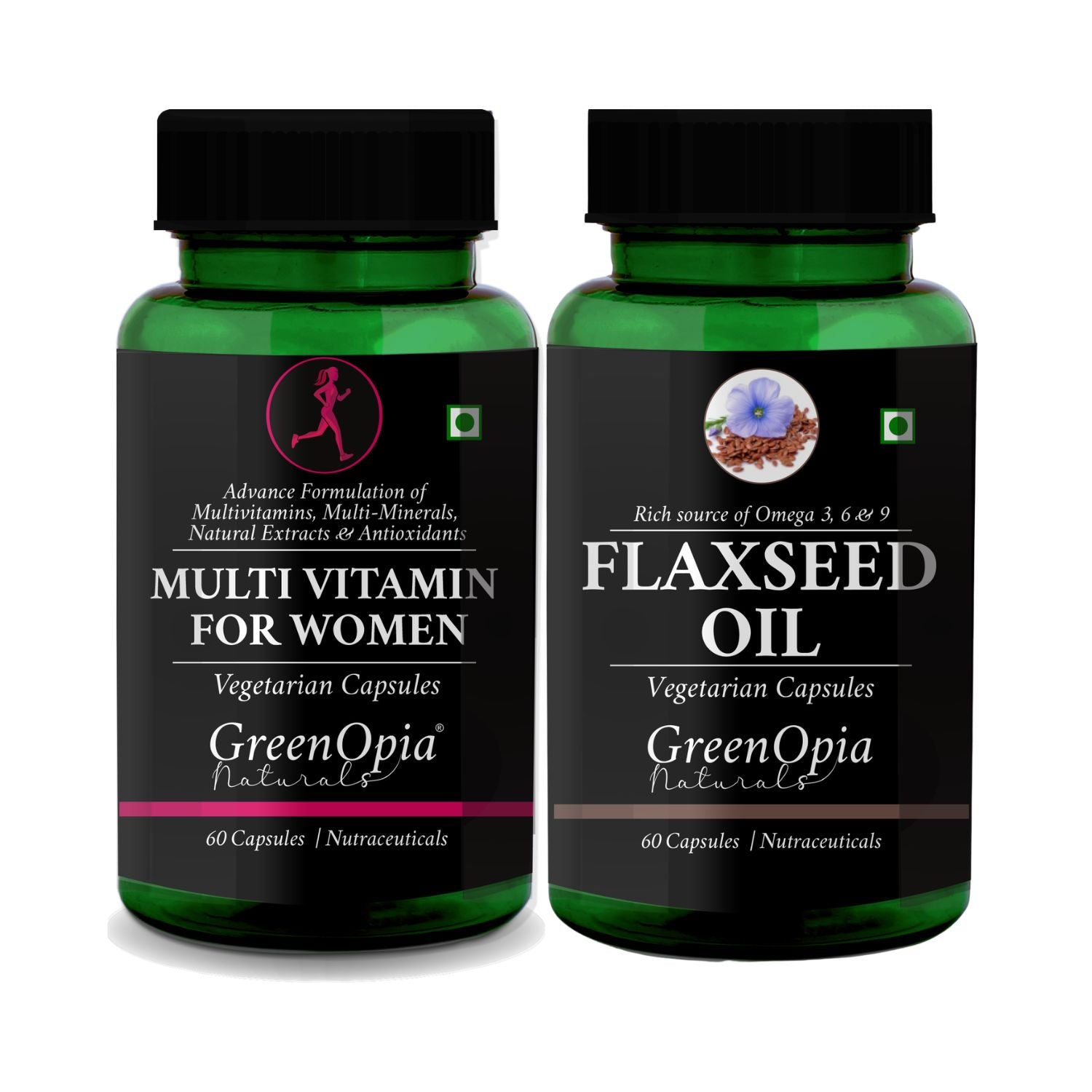 GreenOpia multivitamin for women and plant-based flaxseed oil vegetarian capsules combo