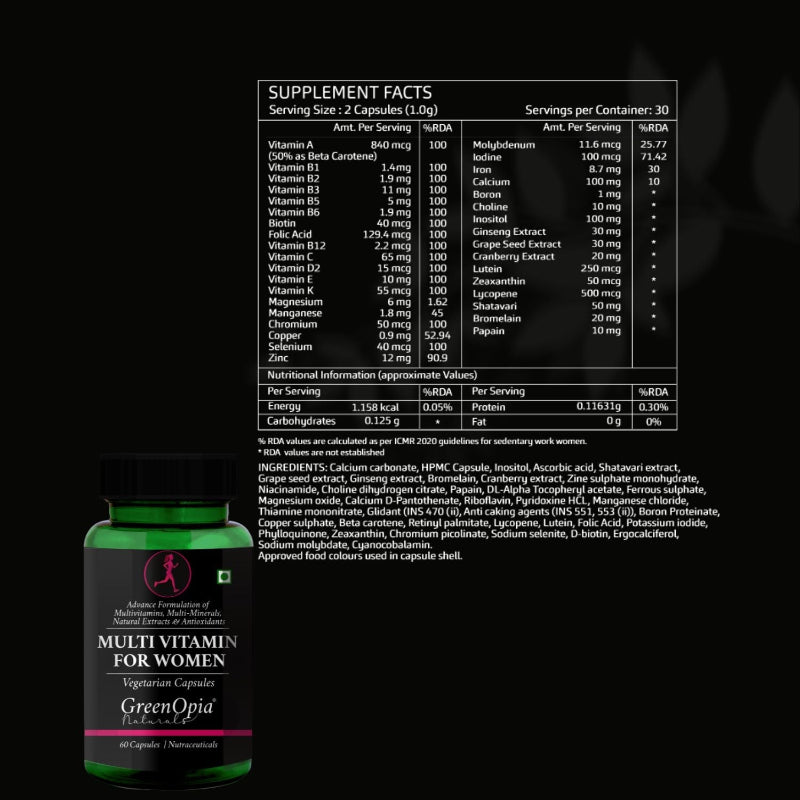 Essential vitamins, minerals and antioxidants in GreenOpia Multivitamins for Women