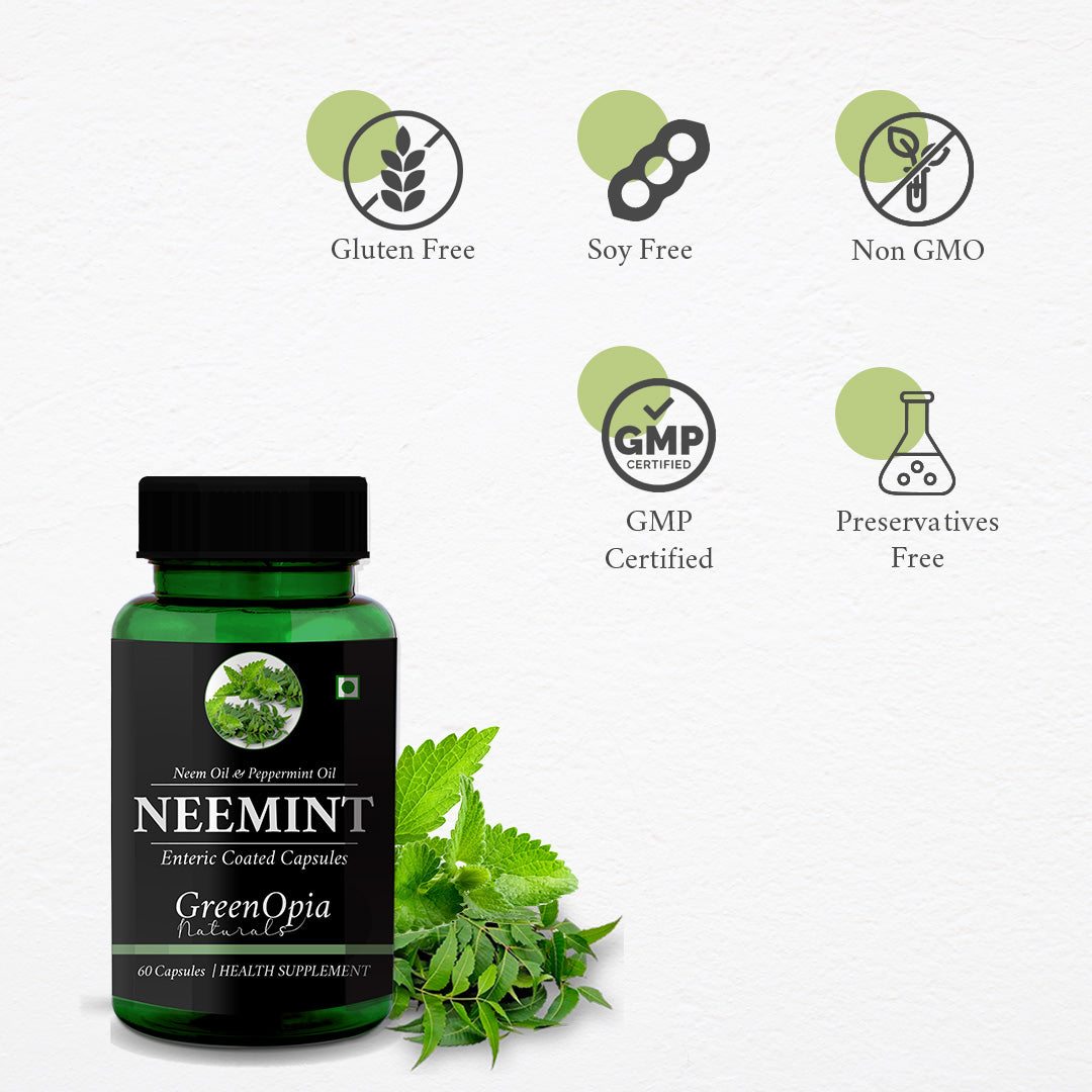 GreenOpia Neem Peppermint 60 Entric Coated Liquid Filled Vegetarian Capsules