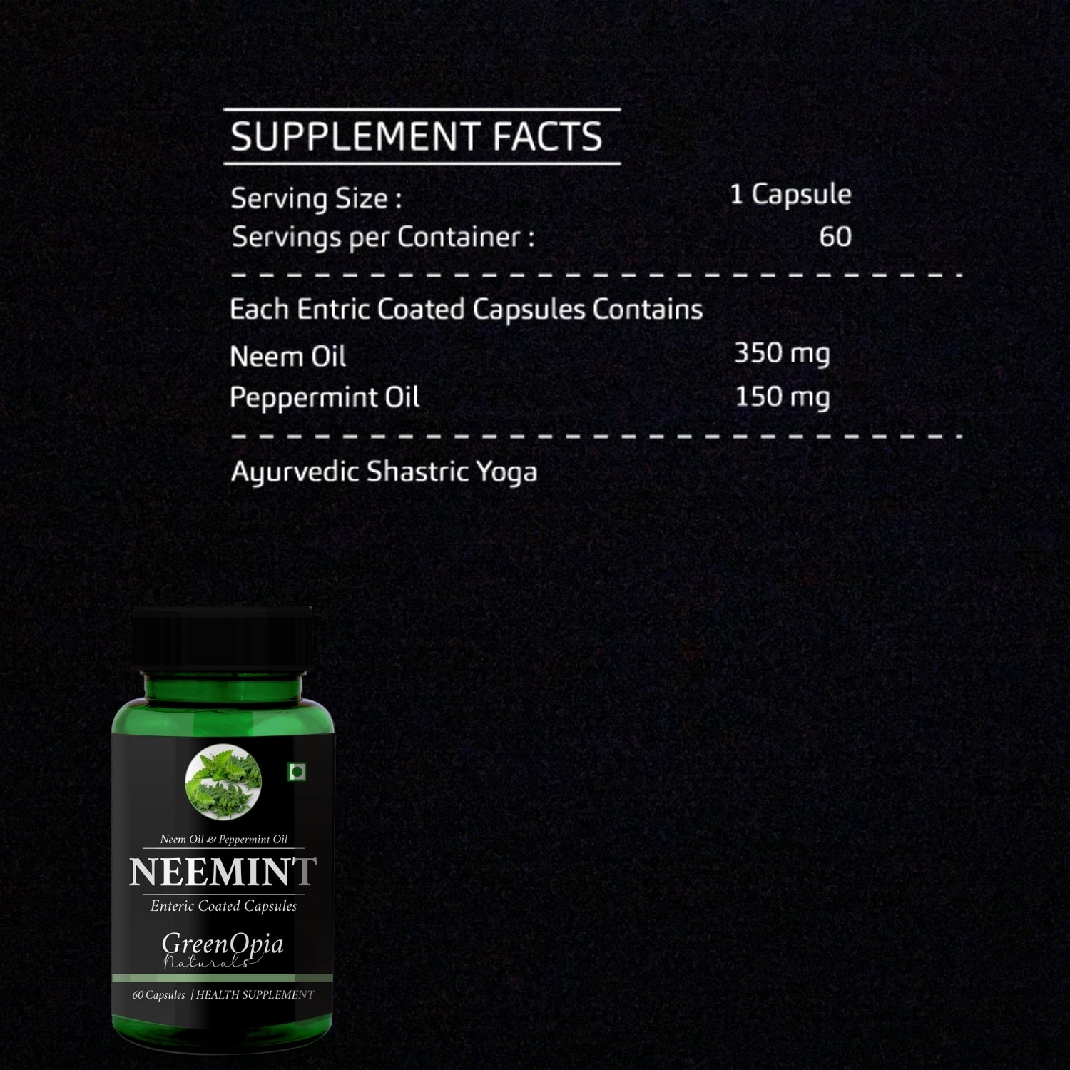 GreenOpia Neem Peppermint 60 Entric Coated Liquid Filled Vegetarian Capsules