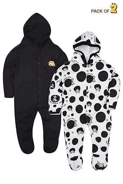 New Born Baby Full Sleeves 100% Cotton Hooded Rompers for Kids and Infants Pack of 2 - The Minies