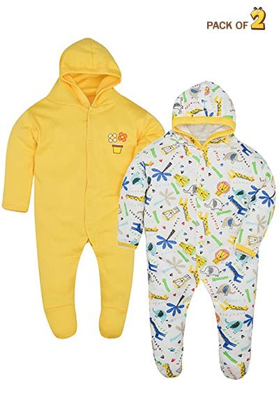 New Born Baby Full Sleeves 100% Cotton Hooded Rompers for Kids and Infants Pack of 2 - The Minies