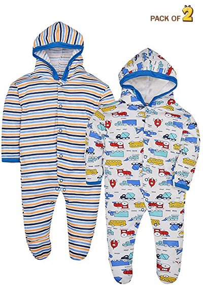 New Born Baby Full Sleeves 100% Cotton Hooded Rompers for Kids and Infants Pack of 2 - The Minies