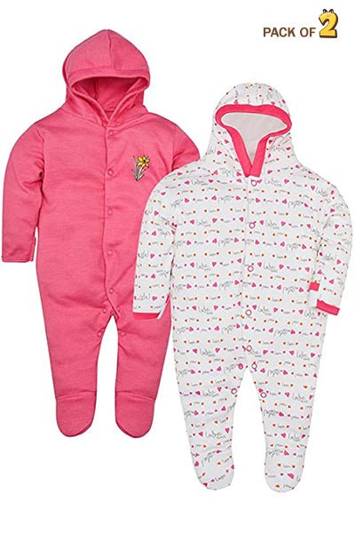 New Born Baby Full Sleeves 100% Cotton Hooded Rompers for Kids and Infants Pack of 2 - The Minies