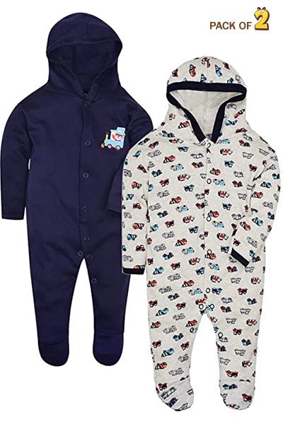 New Born Baby Full Sleeves 100% Cotton Hooded Rompers for Kids and Infants Pack of 2 - The Minies