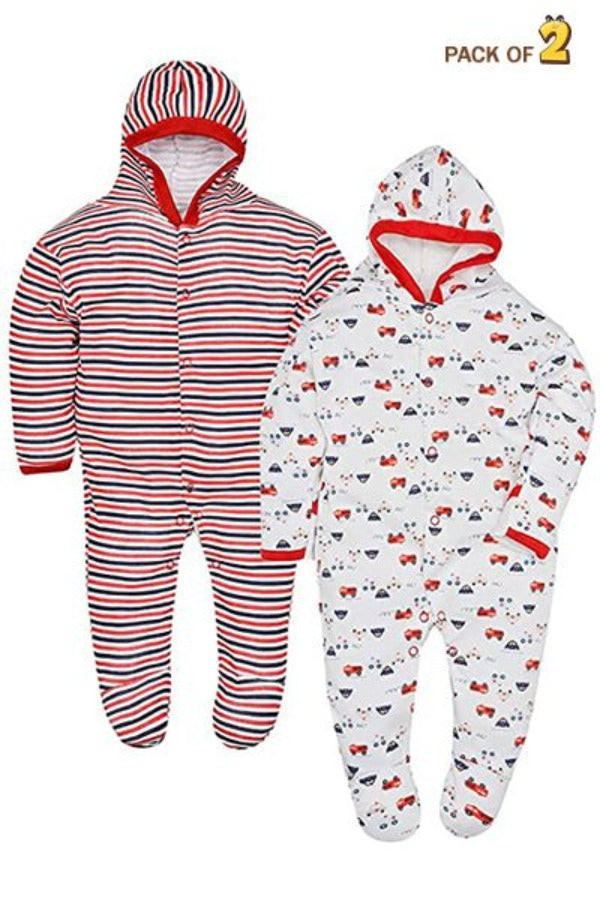 New Born Baby Full Sleeves 100% Cotton Hooded Rompers for Kids and Infants Pack of 2 - The Minies