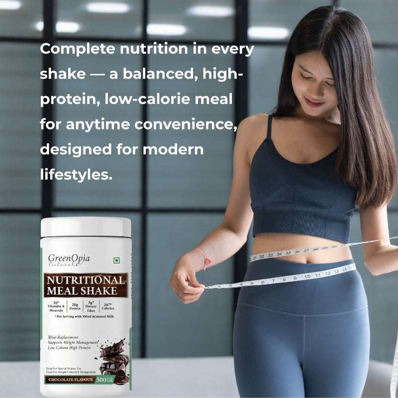 Meal replacement shake with protein, dietary fiber and essential vitamins and minerals
