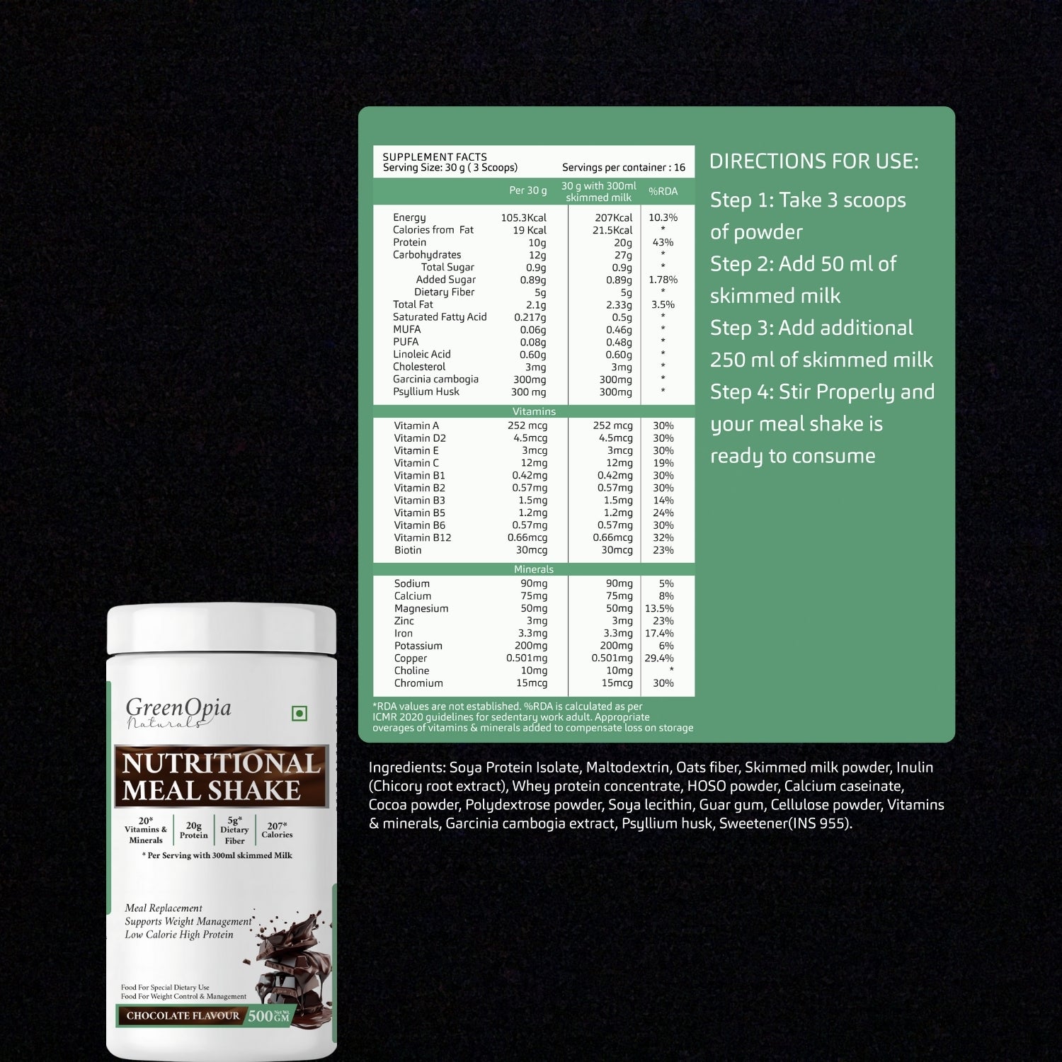 GreenOpia Nutritional Meal Replacement Shake for Weight Loss – 20g Protein, 5g Fiber, 500gram