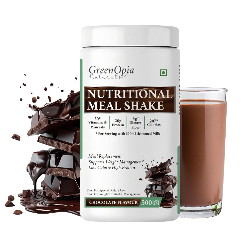"GreenOpia Nutritional Meal Replacement Shake chocolate flavour 500g jar for weight management"