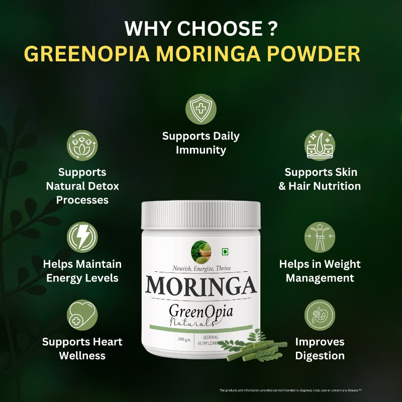GreenOpia Moringa Powder nutritional information and ingredients label