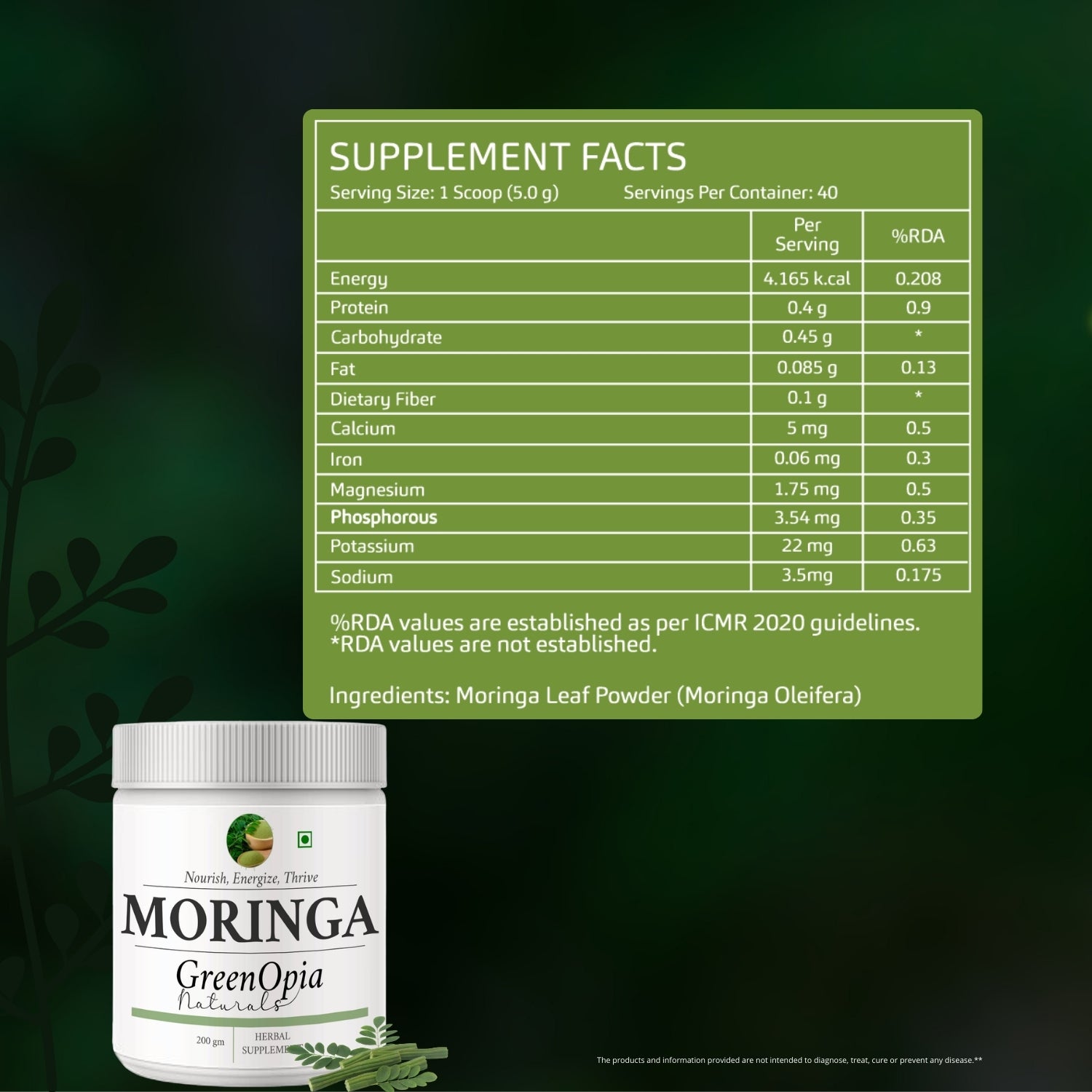 GreenOpia Moringa Leaf Powder – Ayurvedic Superfood for Immunity, Detox & Energy | 200 grams