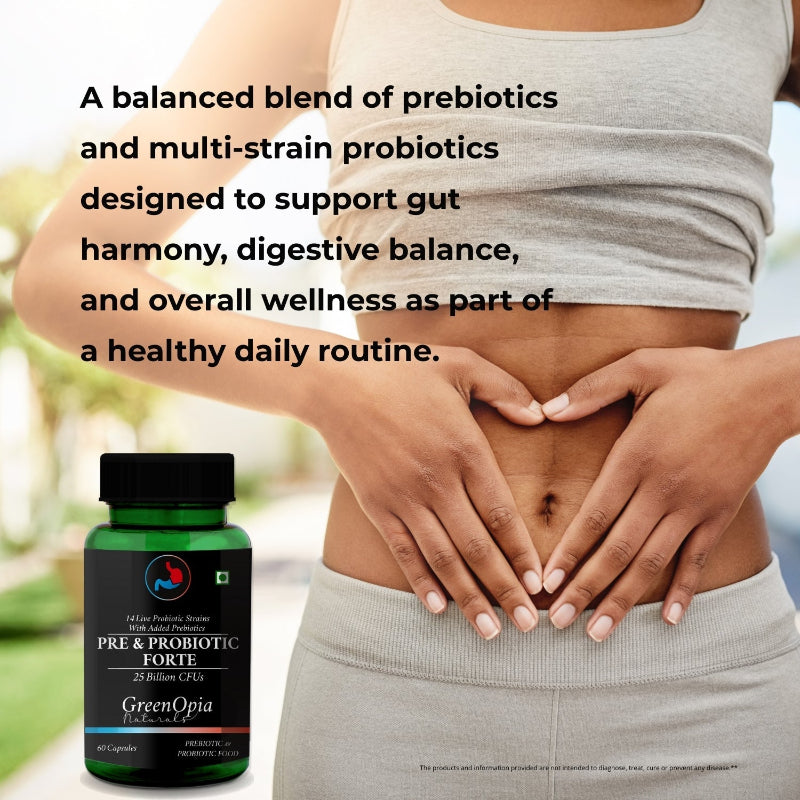 GreenOpia Pre and Probiotics Forte bottle containing 60 vegetarian capsules