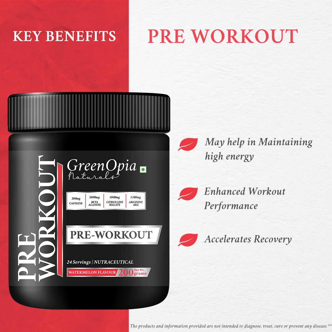 Pre Workout – Watermelon Flavour | 250g | Energy &amp; Performance Booster for Gym &amp; Training | Vegan, No Sugar