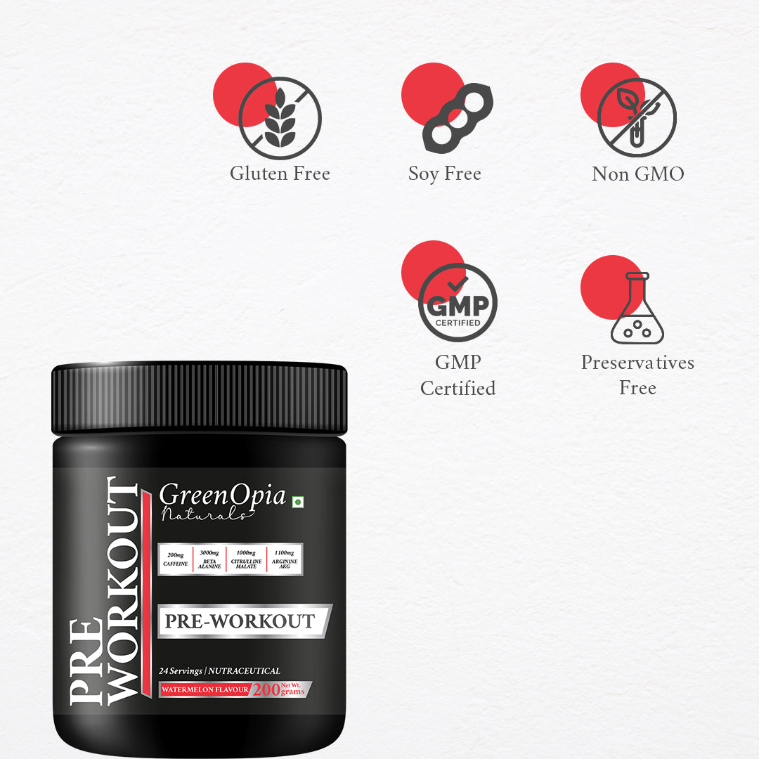 Pre Workout – Watermelon Flavour | 250g | Energy &amp; Performance Booster for Gym &amp; Training | Vegan, No Sugar