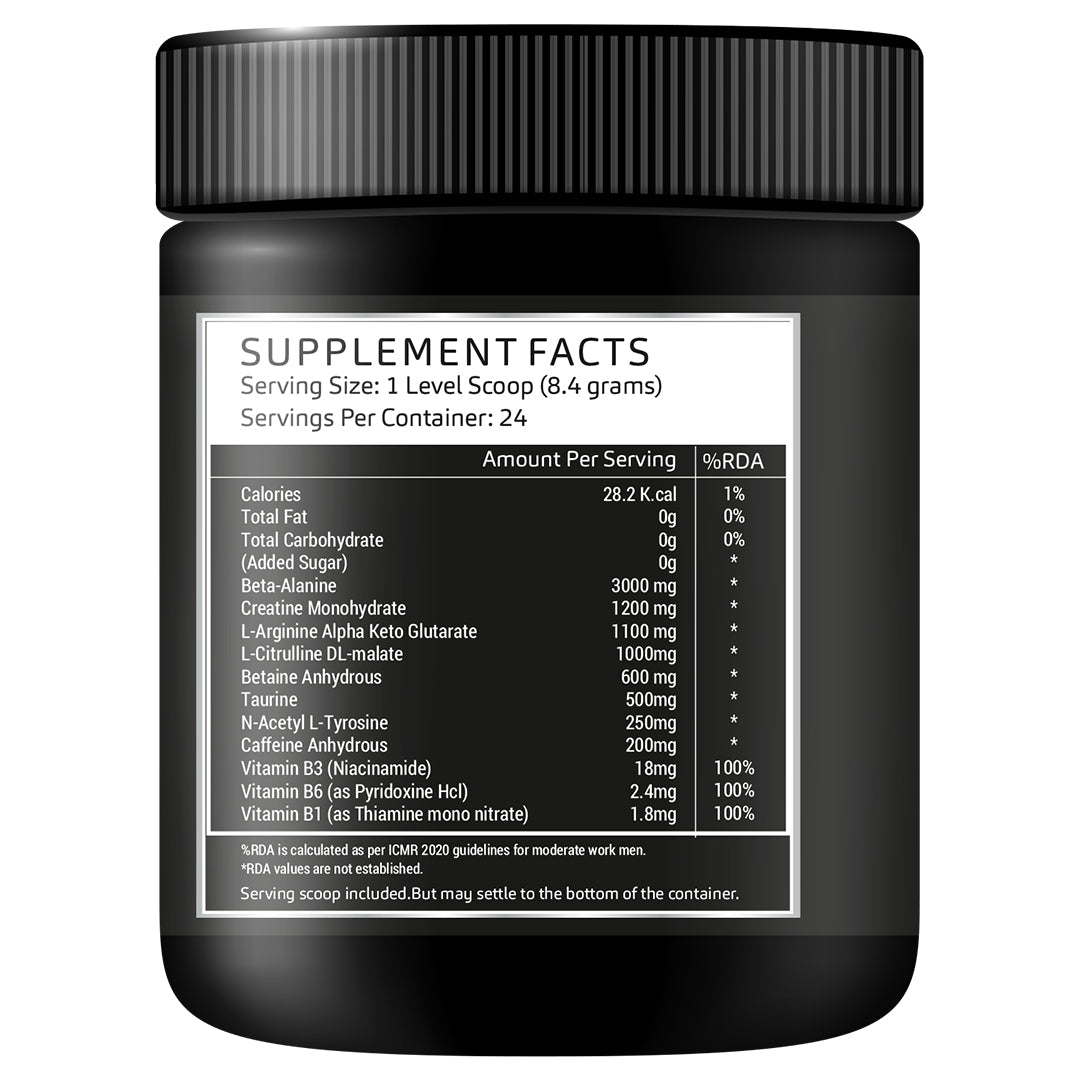 Pre Workout – Watermelon Flavour | 250g | Energy &amp; Performance Booster for Gym &amp; Training | Vegan, No Sugar