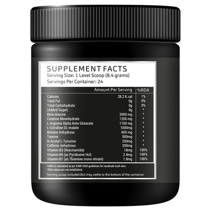 Pre Workout – Watermelon Flavour | 250g | Energy &amp; Performance Booster for Gym &amp; Training | Vegan, No Sugar