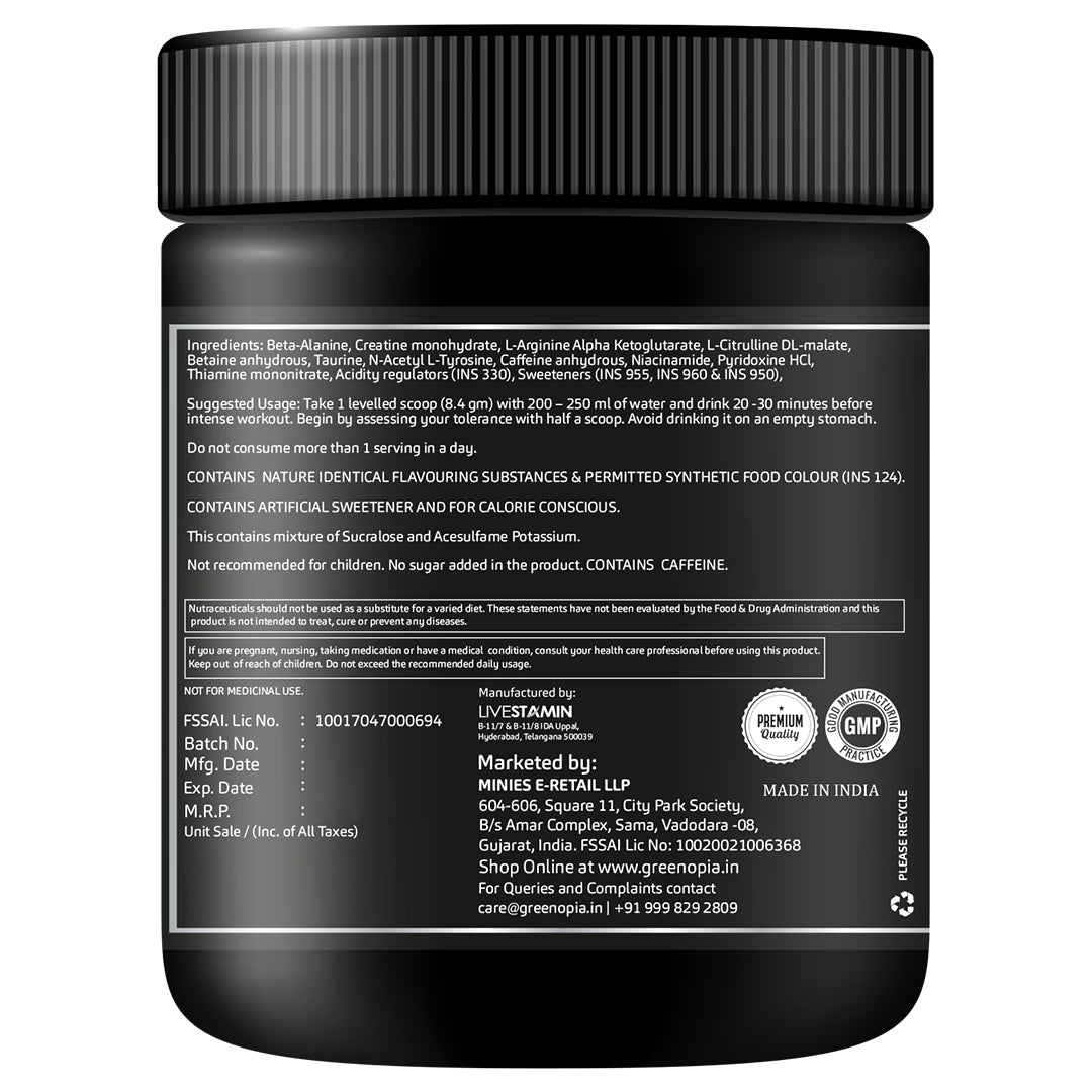 Pre Workout – Watermelon Flavour | 250g | Energy &amp; Performance Booster for Gym &amp; Training | Vegan, No Sugar
