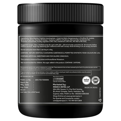 Pre Workout – Watermelon Flavour | 250g | Energy &amp; Performance Booster for Gym &amp; Training | Vegan, No Sugar