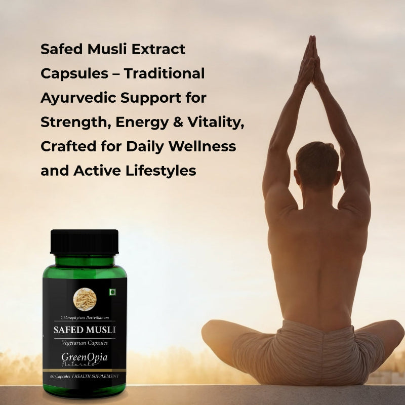 GreenOpia Safed Musli Capsules bottle containing 60 vegetarian capsules