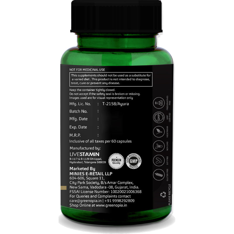 GreenOpia Safed Musli capsules with vegetarian capsules shown beside bottle