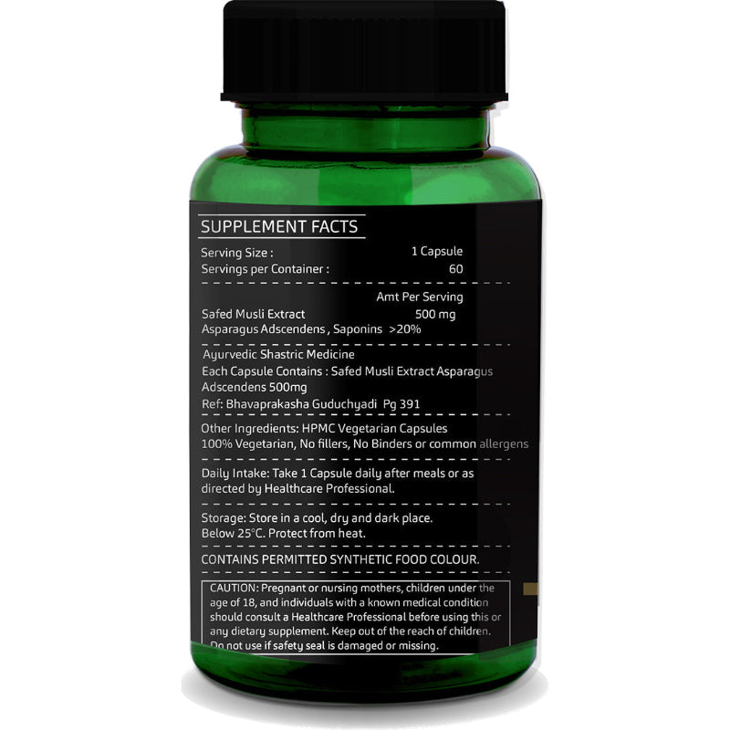 GreenOpia Safed Musli Extract Capsules supplement bottle on white background