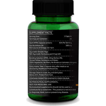 Sea Buckthorn Oil – 30 Vegetarian Capsules | Omega 3, 6, 7, 9 for Skin Glow, Heart &amp; Immune Health