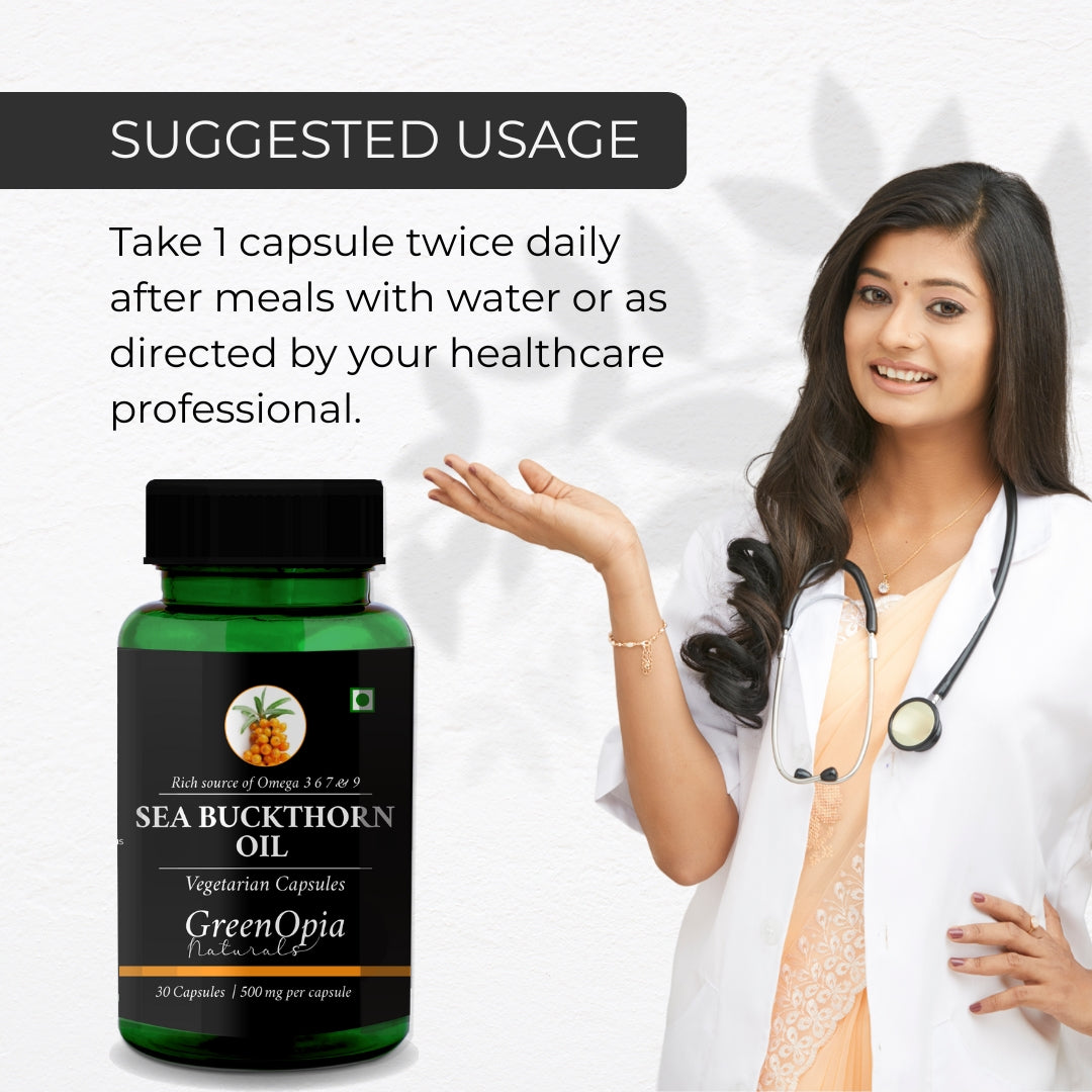 Sea Buckthorn Oil – 30 Vegetarian Capsules | Omega 3, 6, 7, 9 for Skin Glow, Heart &amp; Immune Health