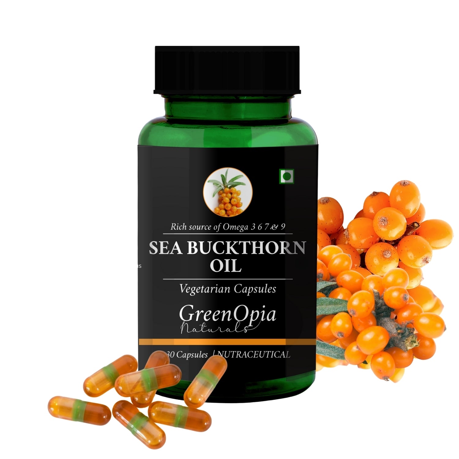 GreenOpia Sea Buckthorn Oil 30 Liquid Filled Vegetarian Capsules