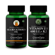 GreenOpia Sea Buckthorn Oil and plant-based Vitamin D3 600 IU with K2 vegetarian capsule combo