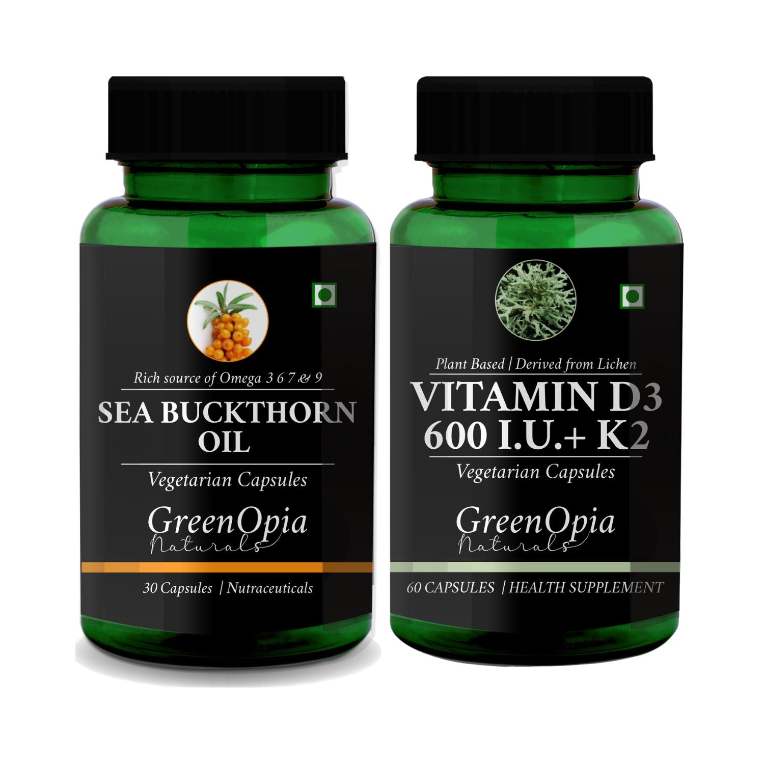 GreenOpia Sea Buckthorn Oil and plant-based Vitamin D3 600 IU with K2 vegetarian capsule combo