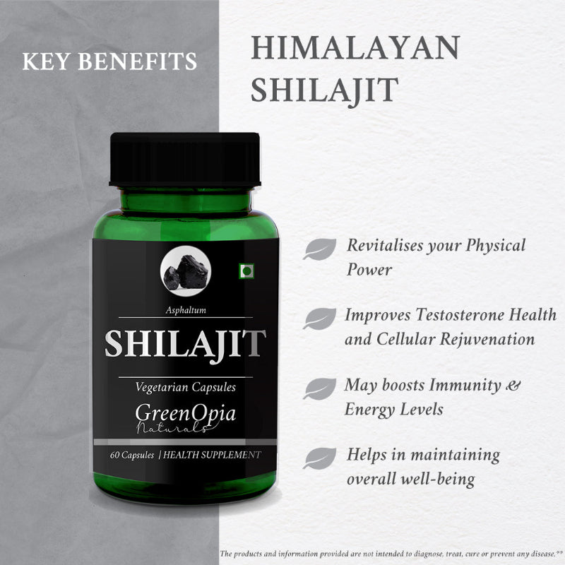Benefits of GreenOpia Shilajit capsules including stamina, focus and immunity support