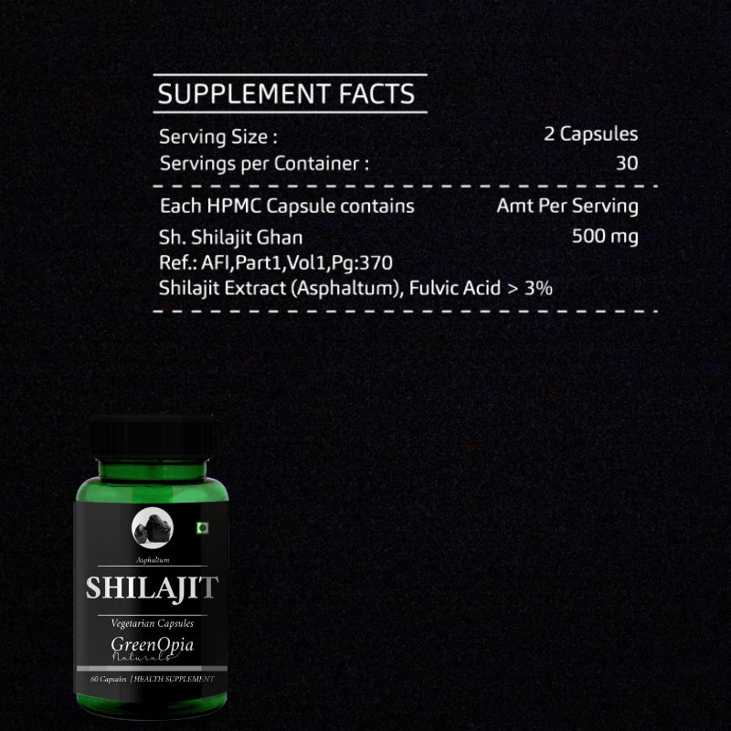 Vegetarian Shilajit capsules by GreenOpia for energy and wellness support