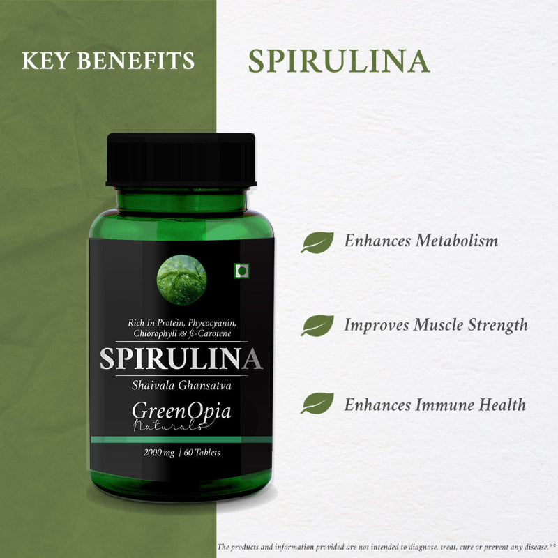 Key benefits of GreenOpia Spirulina Tablets including energy, immunity and detox support