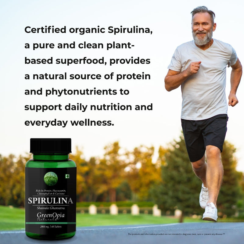 GreenOpia Spirulina Tablets bottle containing 60 vegetarian tablets