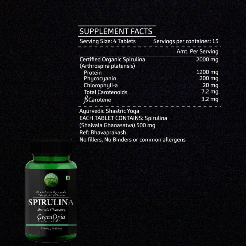 GreenOpia Spirulina Tablets and supplement tablets shown outside the bottle
