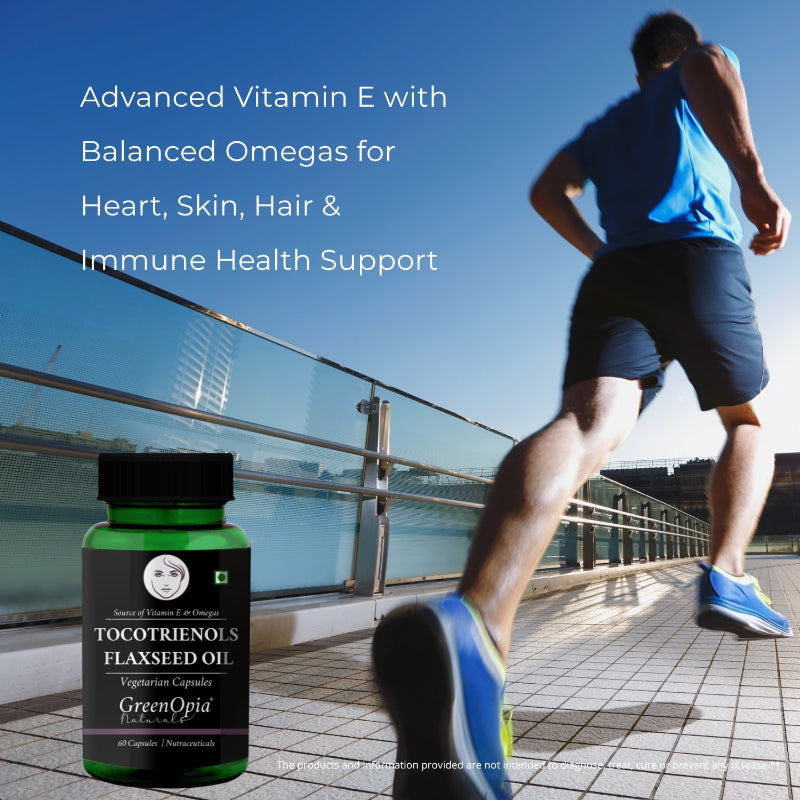 GreenOpia Tocotrienols plus Flaxseed Oil supplement bottle with 60 vegetarian capsules