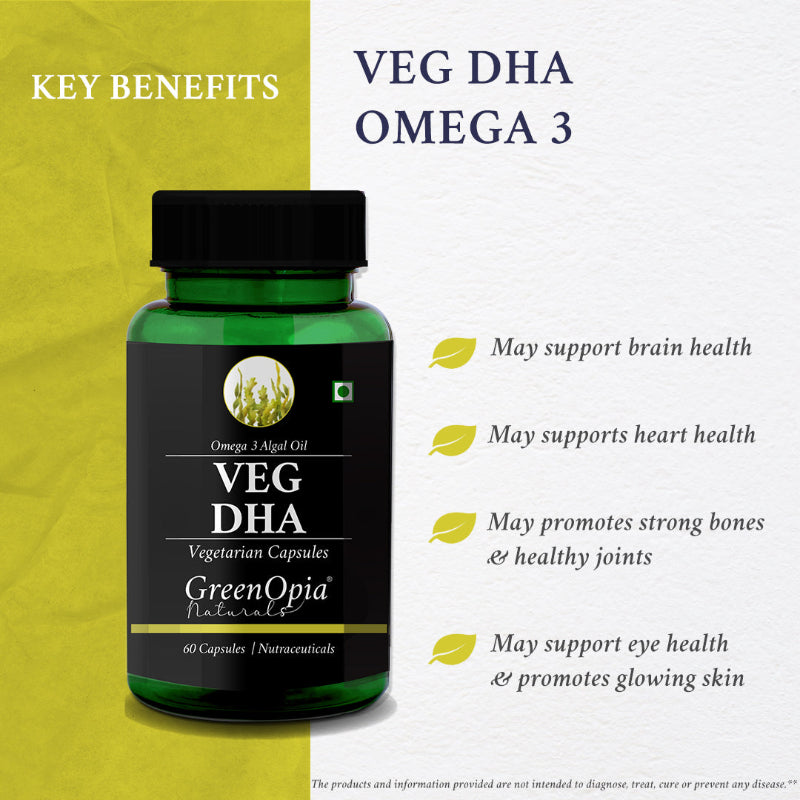 Key benefits of GreenOpia Vegetarian DHA Omega-3 including brain, eye, and heart support
