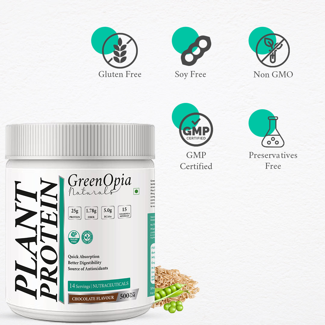 GreenOpia Plant Protein – Chocolate Flavour | 500g | 24g Plant-Based Protein | Dairy-Free, Gluten-Free, Gut Friendly