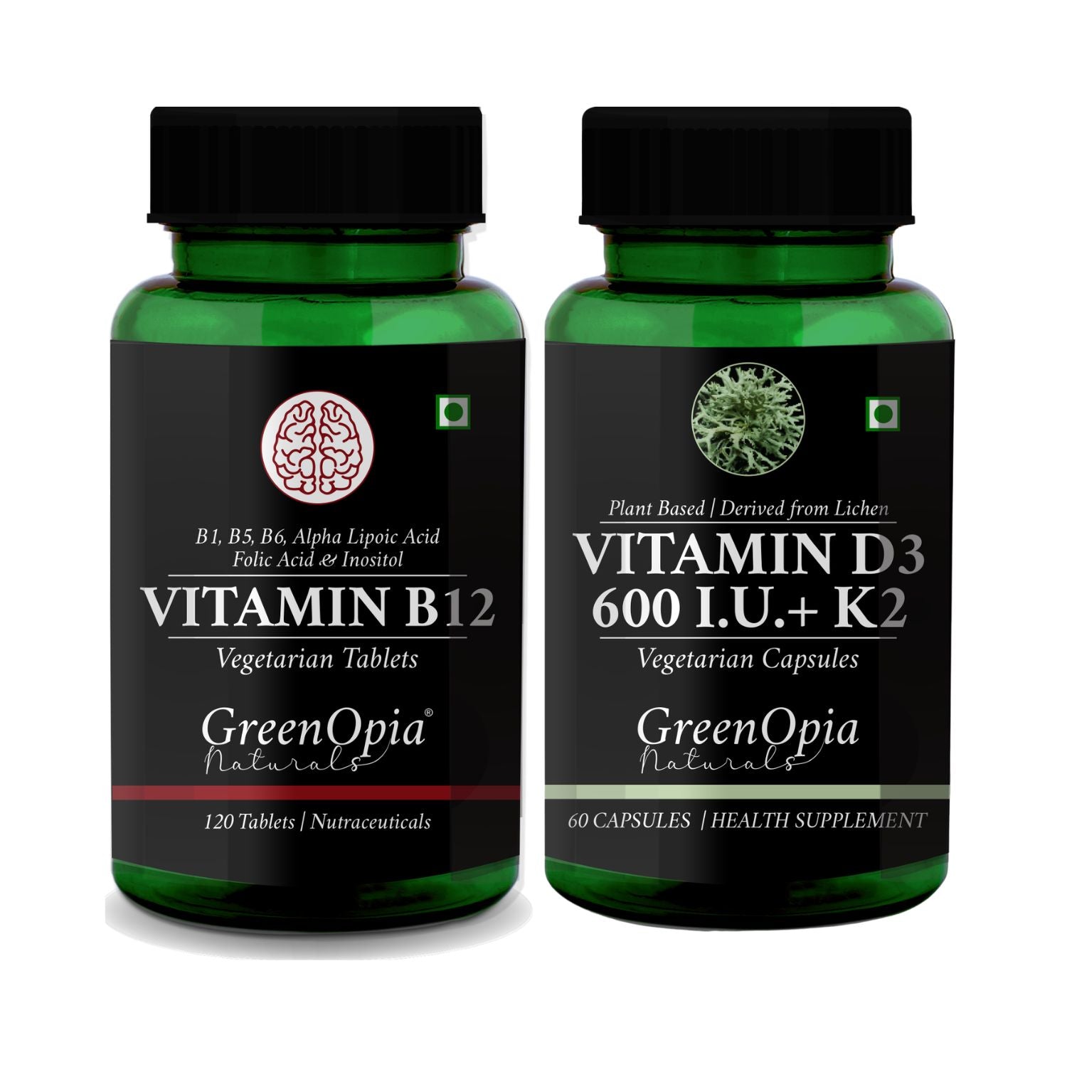 GreenOpia Vitamin B12 tablets and plant-based Vitamin D3 600 IU with K2 vegetarian capsules combo