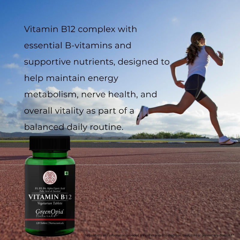 GreenOpia Vitamin B12 + ALA tablets showing methylcobalamin and alpha lipoic acid supplement