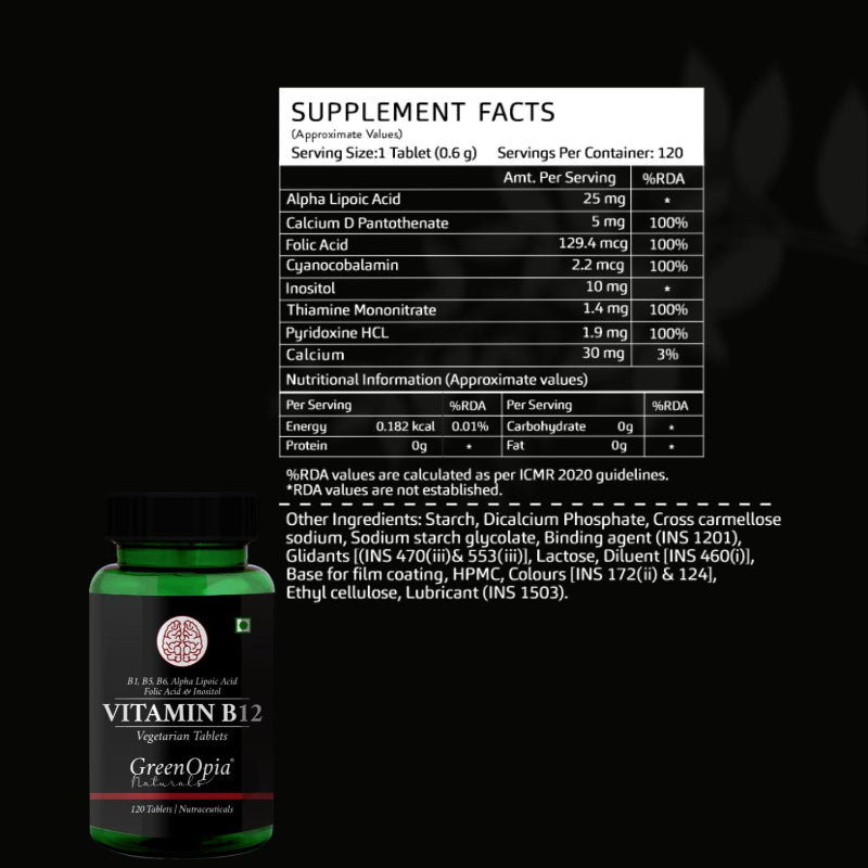 GreenOpia Vitamin B12 + ALA supplement packaging with energy and nerve health support formula