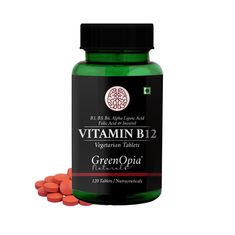 GreenOpia Vitamin B12 + ALA supplement bottle with 120 vegetarian tablets