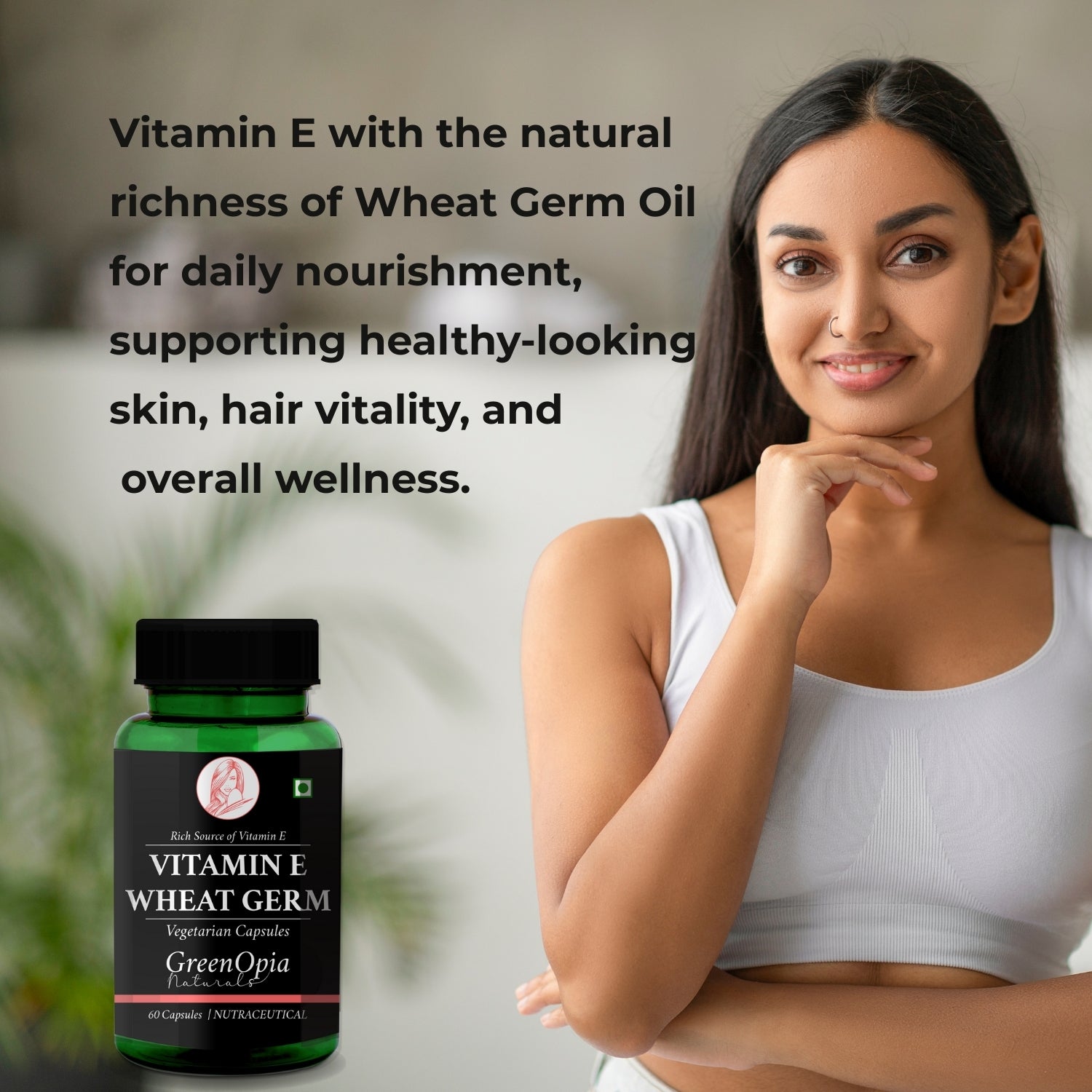 GreenOpia Vitamin E + Wheat Germ Oil 60 Liquid Filled Vegetarian Capsules