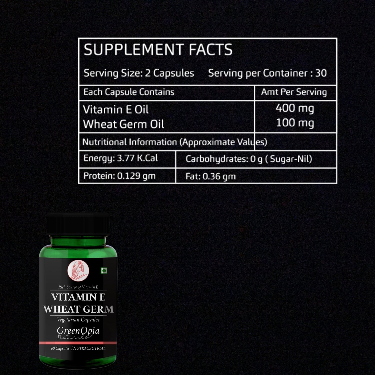 GreenOpia Vitamin E + Wheat Germ Oil 60 Liquid Filled Vegetarian Capsules