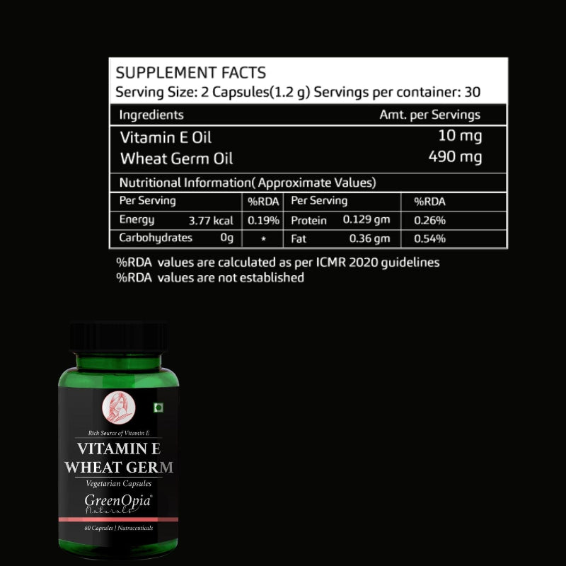 Vitamin E and wheat germ oil supplement for skin glow, hair strength and antioxidant protection