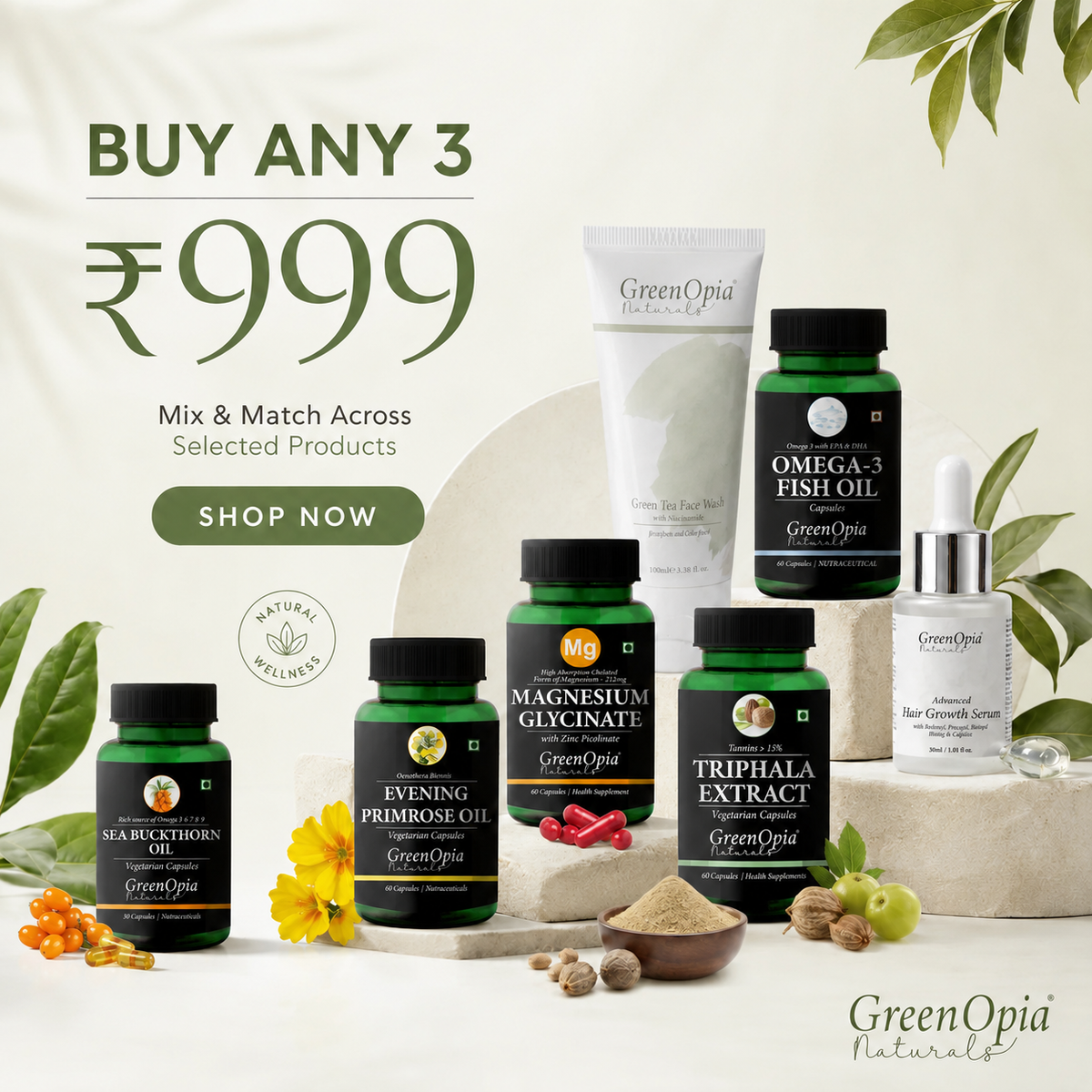 GreenOpia Naturals promotional bundle featuring five wellness products including Sea Buckthorn Oil, Evening Rose Oil, Triphala Extract, Magnesium Glycinate, Omega-3 Fish Oil, and a White Growth Serum, displayed with decorative leaves and text offering a buy any 3 at ₹999 deal.