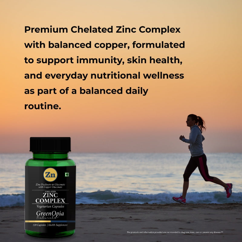 GreenOpia Zinc Complex vegetarian capsules bottle angled view for immune and cellular health support
