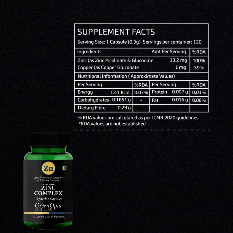 Side view of GreenOpia Zinc Complex 120 capsule supplement bottle with nutritional information